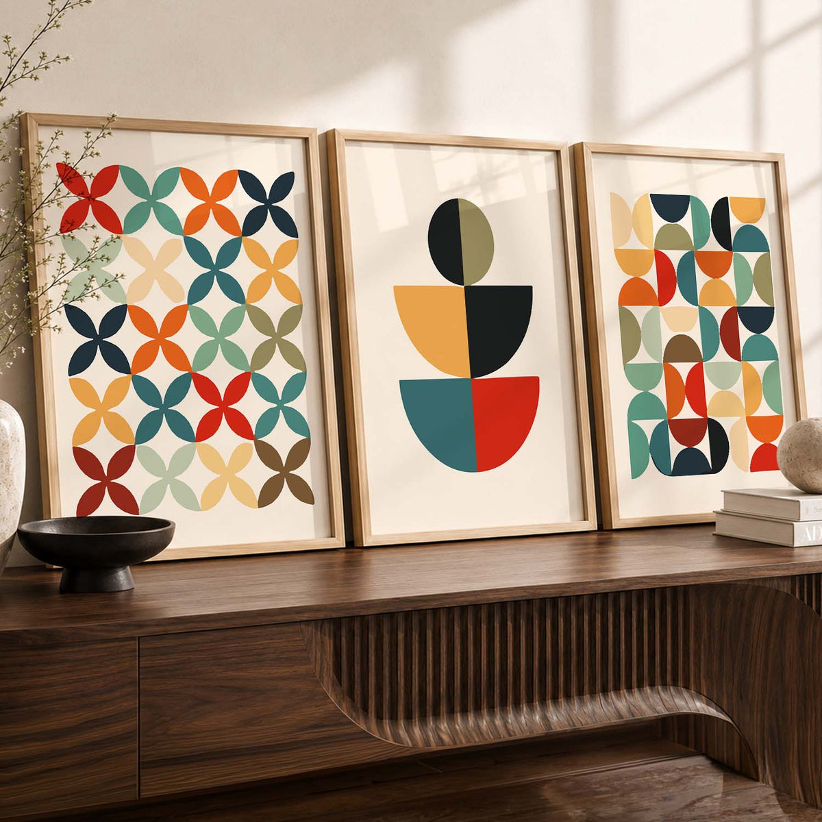 Geometric Abstract Boho Modern Wall Art Set of 3 Framed Prints
