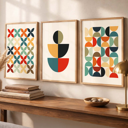 Geometric Abstract Boho Modern Wall Art Set of 3 Framed Prints