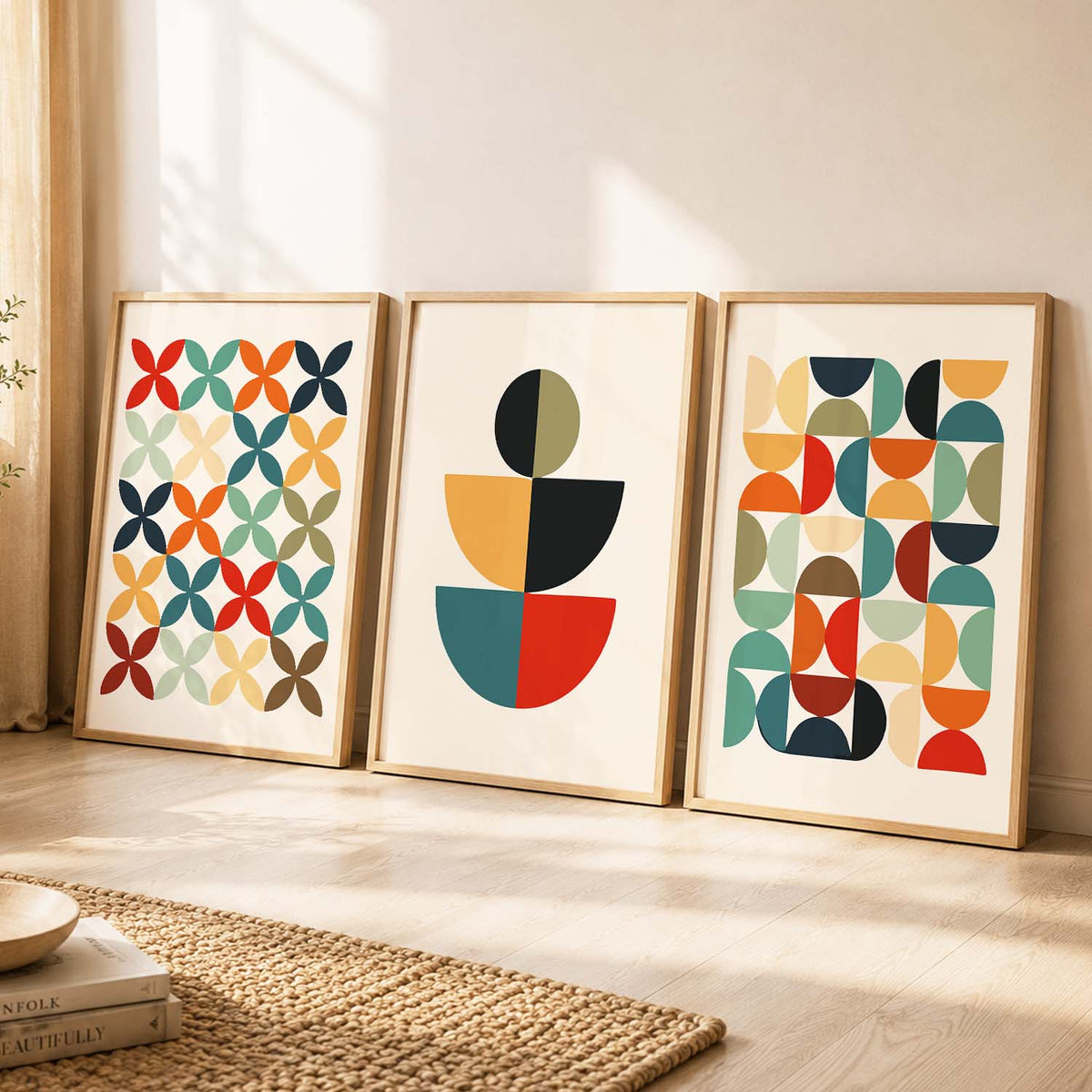 Geometric Abstract Boho Modern Wall Art Set of 3 Framed Prints