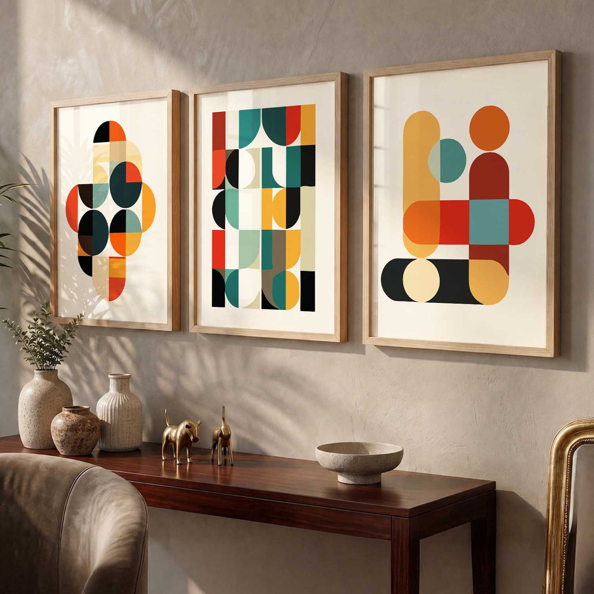 Geometric Abstract Boho Modern Wall Art Set of 3 Framed Prints