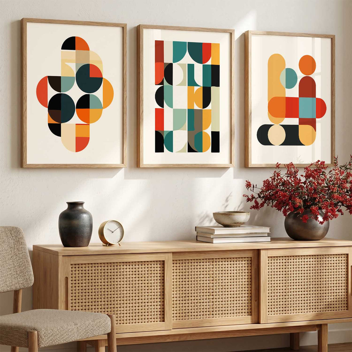 Geometric Abstract Boho Modern Wall Art Set of 3 Framed Prints