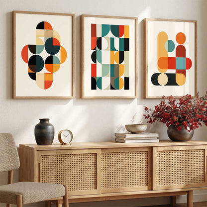 Geometric Abstract Boho Modern Wall Art Set of 3 Framed Prints