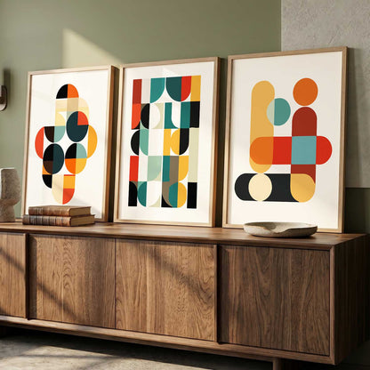 Geometric Abstract Boho Modern Wall Art Set of 3 Framed Prints