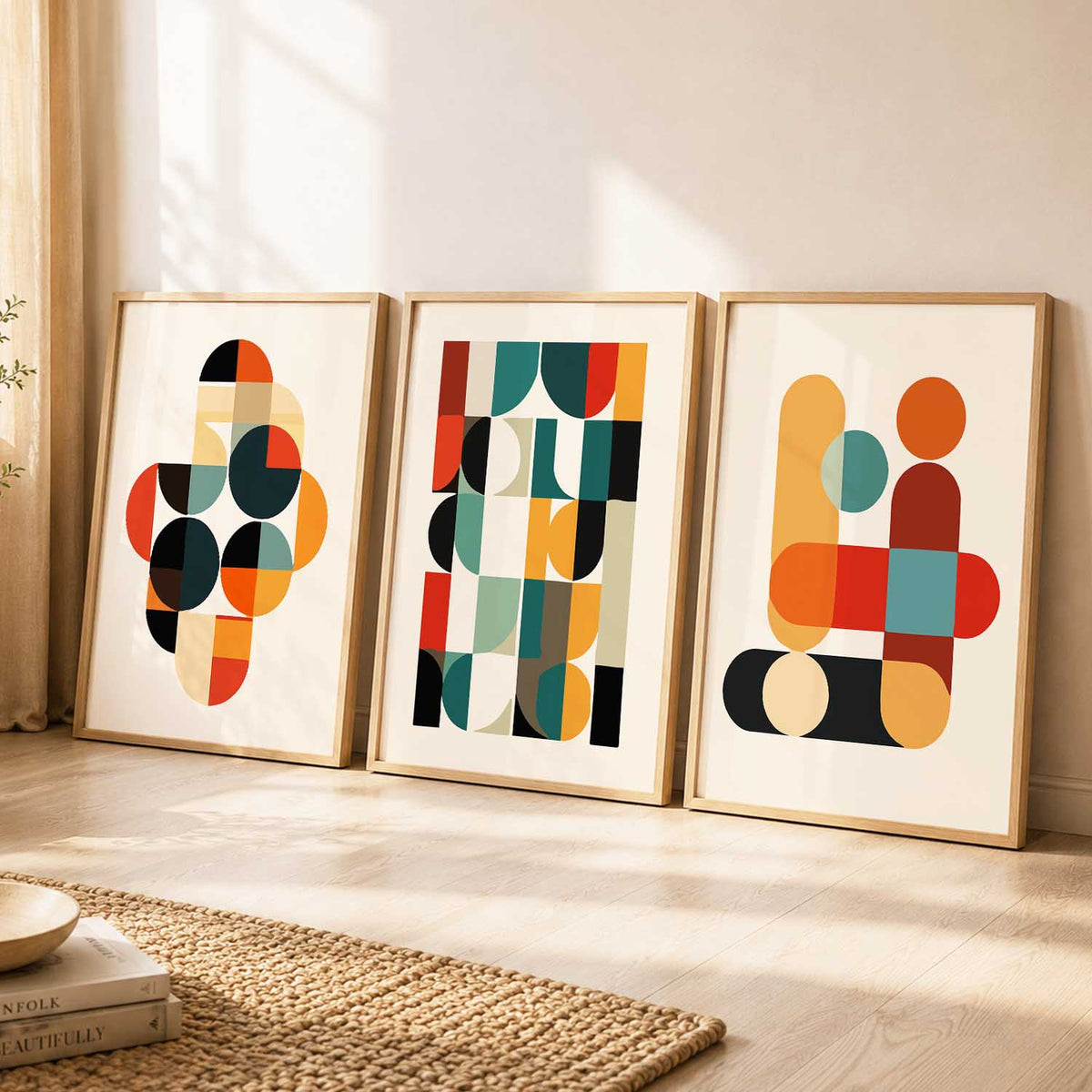 Geometric Abstract Boho Modern Wall Art Set of 3 Framed Prints