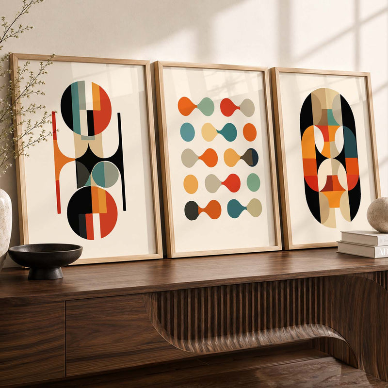 Earthy Geometric Abstract Boho Bold Wall Art Set of 3 Framed Prints