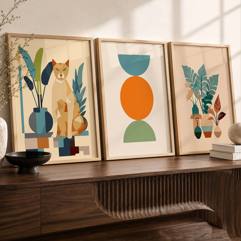 Earthy Geometric Abstract Boho Modern Wall Art Set of 3 Framed Prints