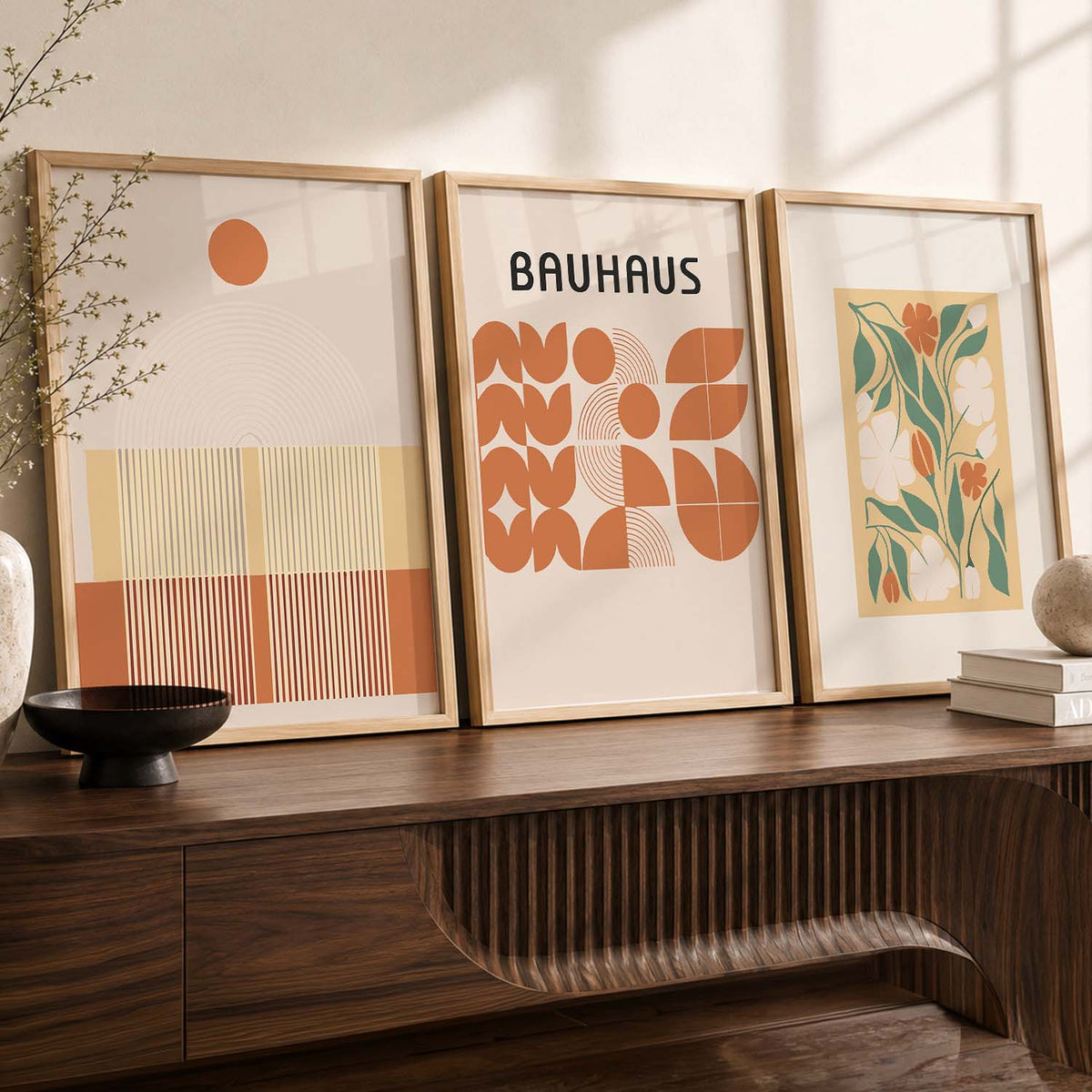 Earthy Abstract Boho Wall Art Set of 3 Framed Prints