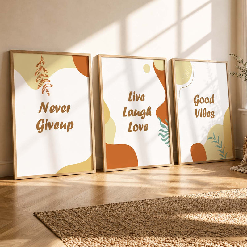 Positive Energy Motivational Quotes - Brown Design Wall Art Set of 3 Framed Prints