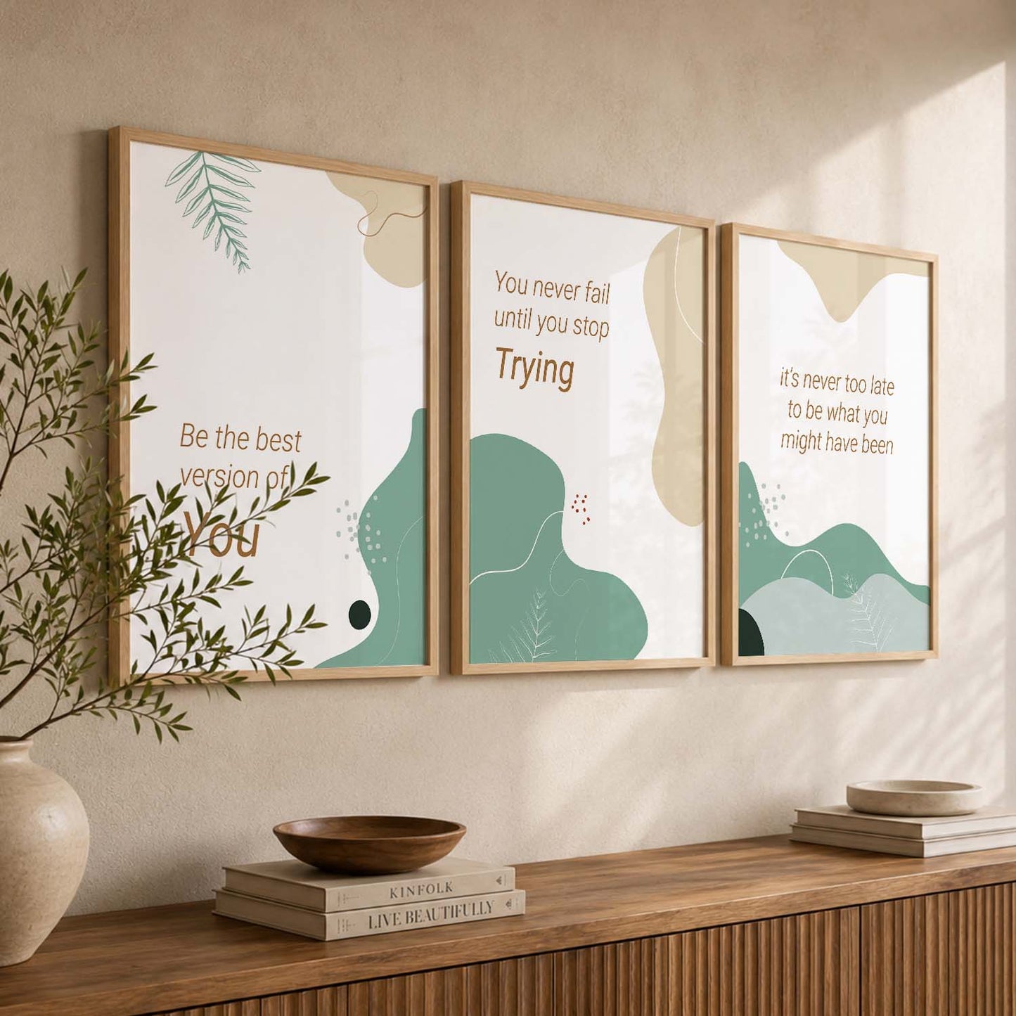 Nature Inspired Motivational Quotes Wall Art Set of 3 Framed Prints for Bedroom
