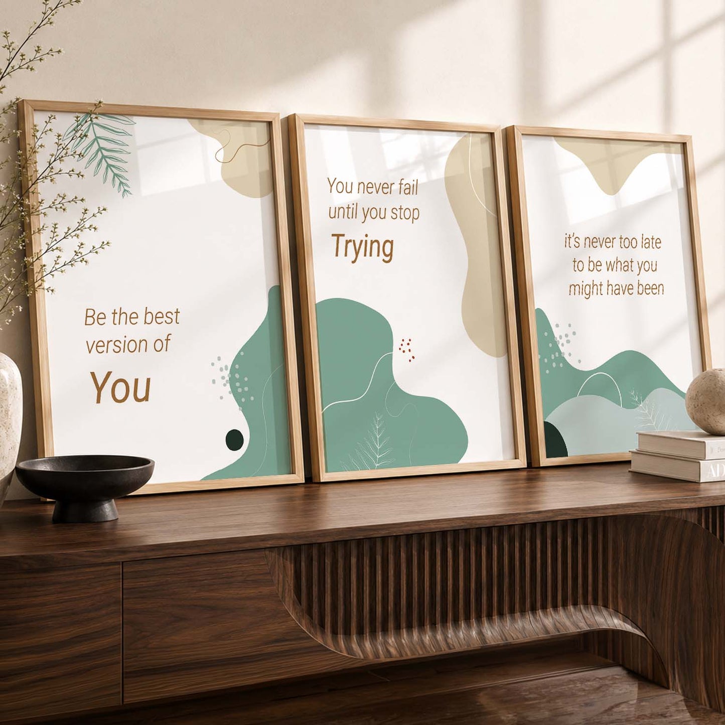 Nature Inspired Motivational Quotes Wall Art Set of 3 Framed Prints for Bedroom