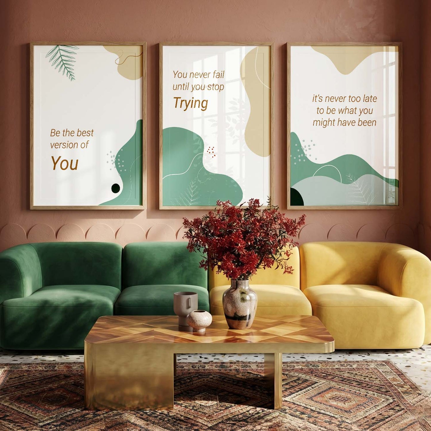 Nature Inspired Motivational Quotes Wall Art Set of 3 Framed Prints for Bedroom