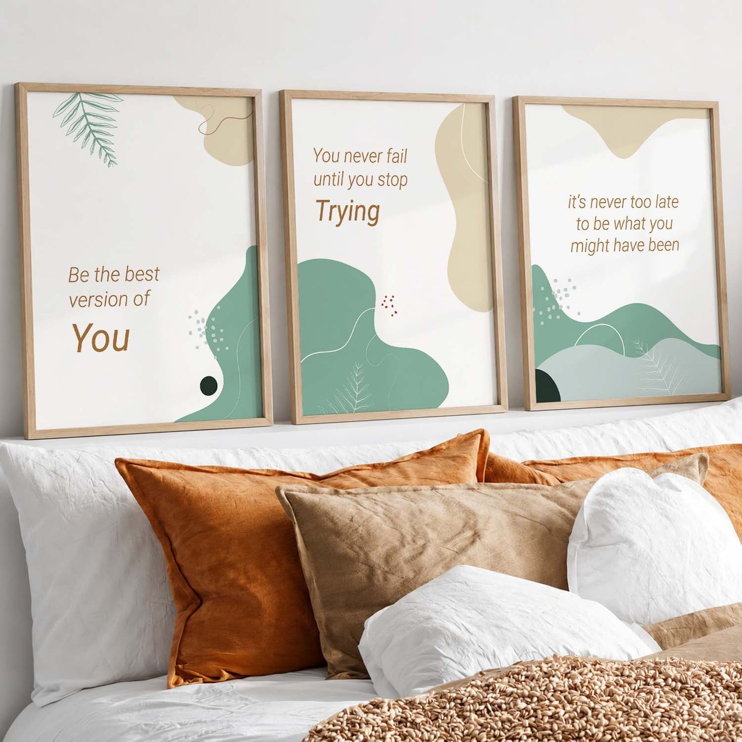 Nature Inspired Motivational Quotes Wall Art Set of 3 Framed Prints for Bedroom