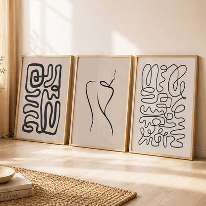 Neutral Line Art Boho Wall Art Set of 3 Framed Prints