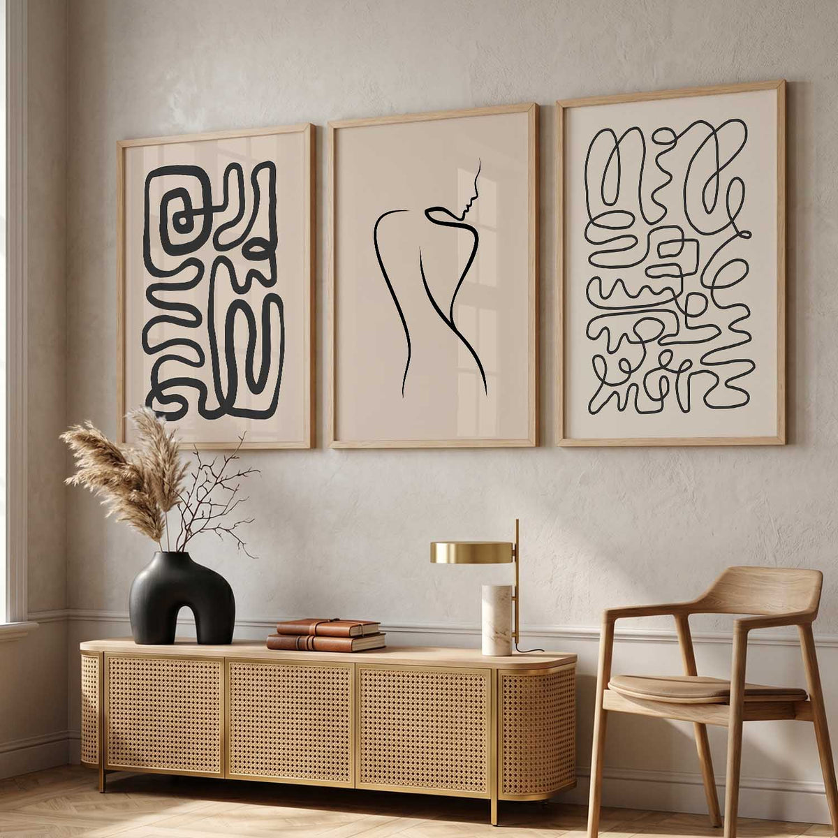 Neutral Line Art Boho Wall Art Set of 3 Framed Prints