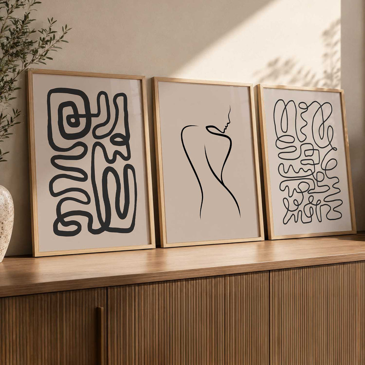 Neutral Line Art Boho Wall Art Set of 3 Framed Prints
