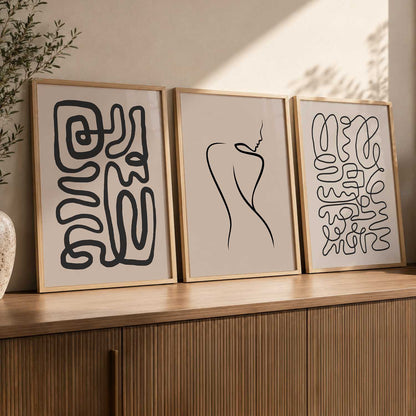 Neutral Line Art Boho Wall Art Set of 3 Framed Prints