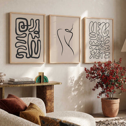 Neutral Line Art Boho Wall Art Set of 3 Framed Prints