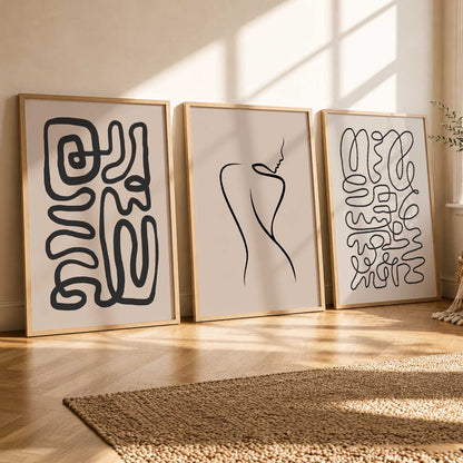 Neutral Line Art Boho Wall Art Set of 3 Framed Prints