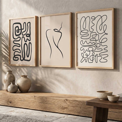 Neutral Line Art Boho Wall Art Set of 3 Framed Prints