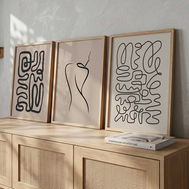 Neutral Line Art Boho Wall Art Set of 3 Framed Prints