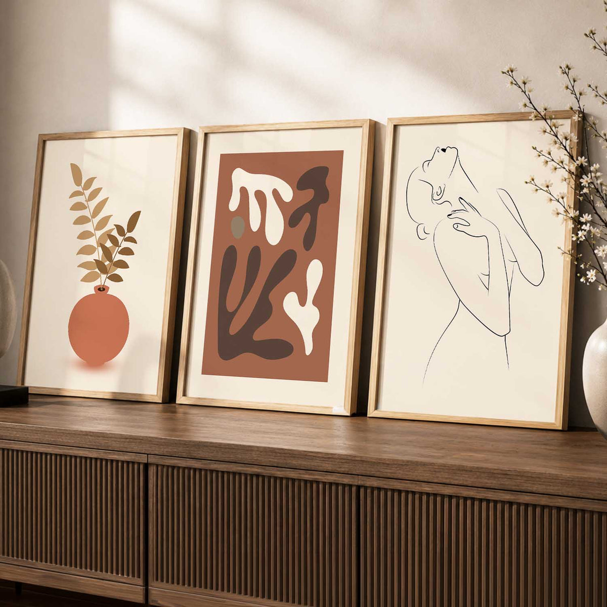 Earthy Line Art Boho Wall Art Set of 3 Framed Prints