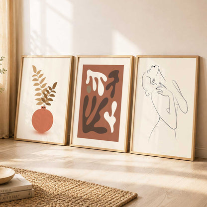 Earthy Line Art Boho Wall Art Set of 3 Framed Prints