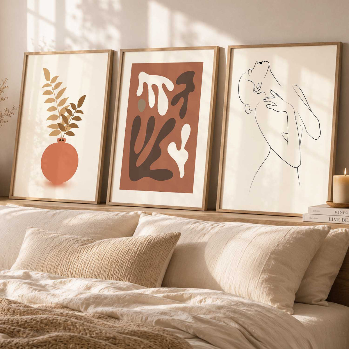 Earthy Line Art Boho Wall Art Set of 3 Framed Prints