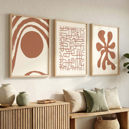 Terracotta Organic Abstract Boho Wall Art Set of 3 Framed Prints