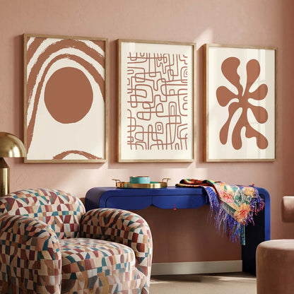 Terracotta Organic Abstract Boho Wall Art Set of 3 Framed Prints