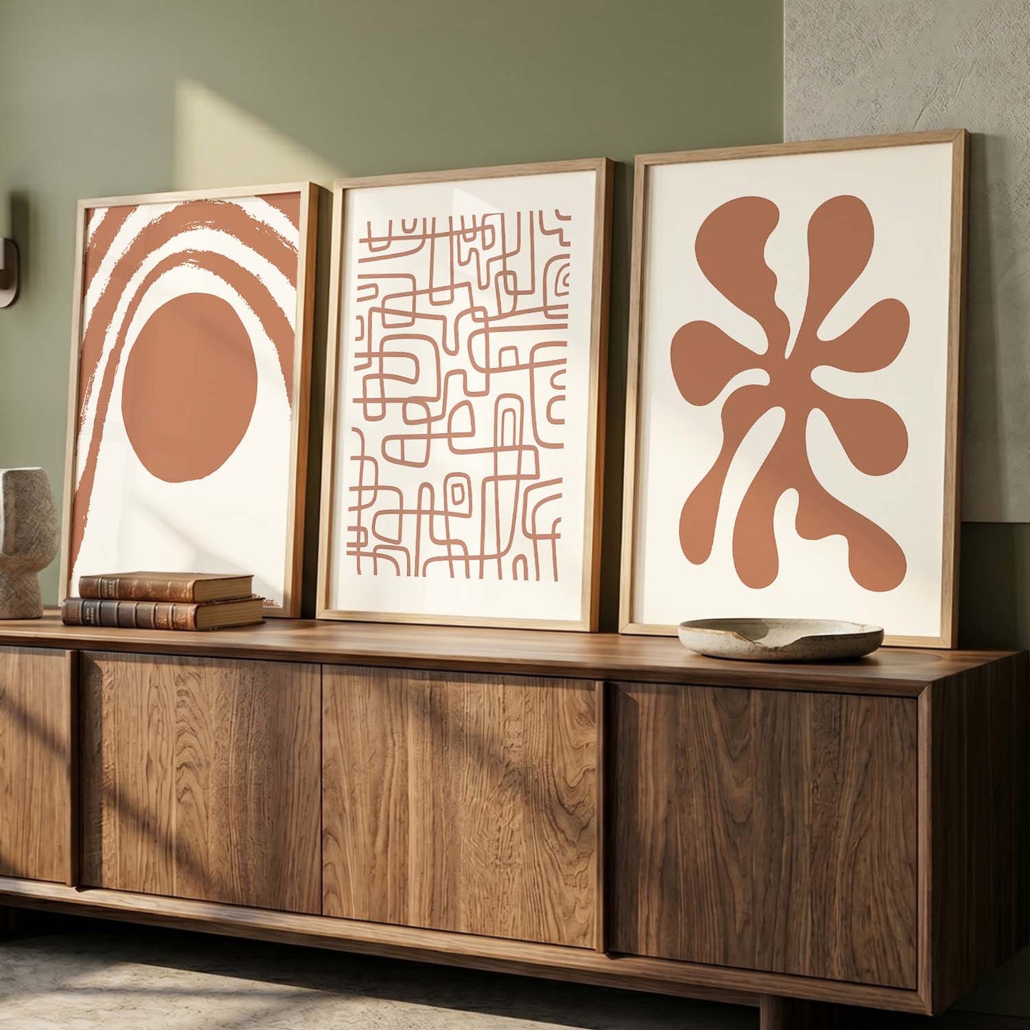 Terracotta Organic Abstract Boho Wall Art Set of 3 Framed Prints