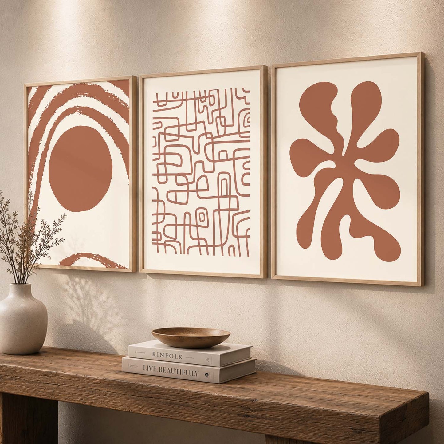 Terracotta Organic Abstract Boho Wall Art Set of 3 Framed Prints