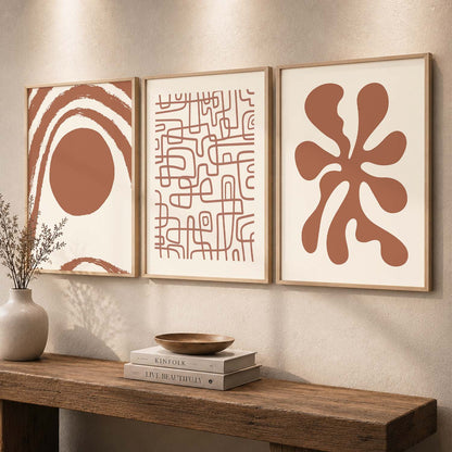 Terracotta Organic Abstract Boho Wall Art Set of 3 Framed Prints