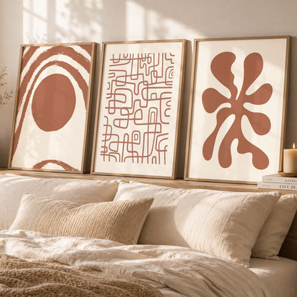 Terracotta Organic Abstract Boho Wall Art Set of 3 Framed Prints