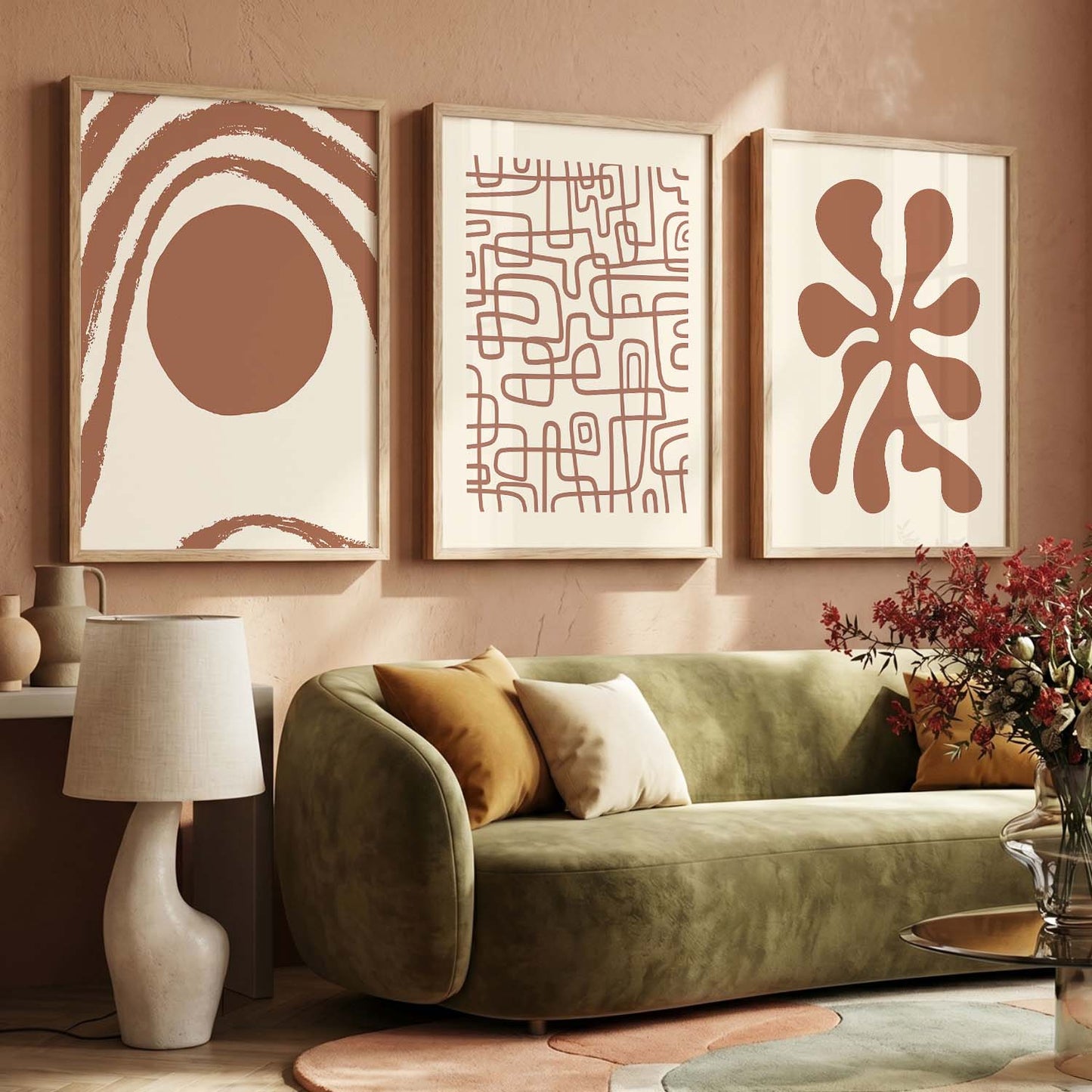 Terracotta Organic Abstract Boho Wall Art Set of 3 Framed Prints