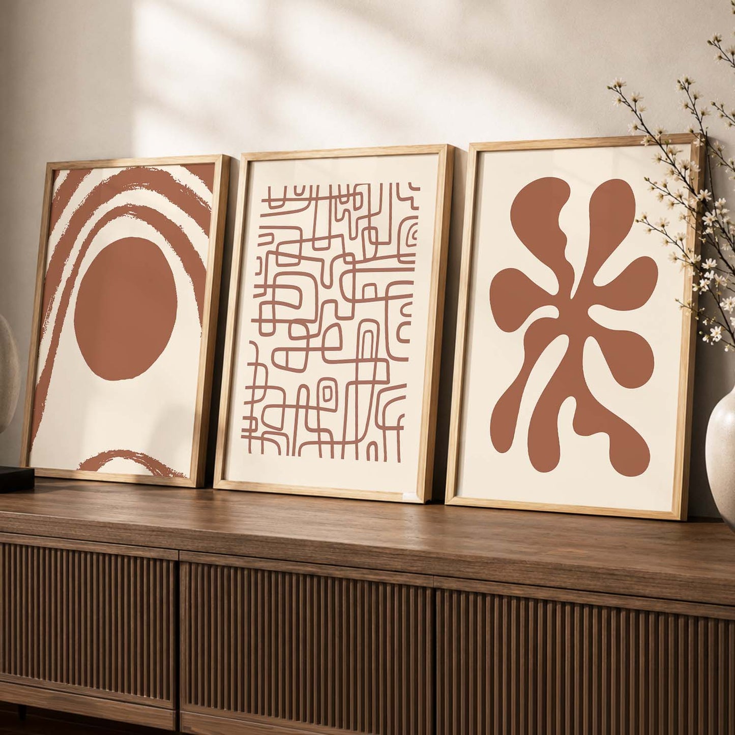 Terracotta Organic Abstract Boho Wall Art Set of 3 Framed Prints