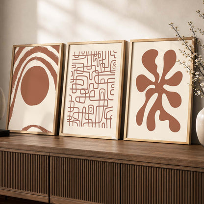 Terracotta Organic Abstract Boho Wall Art Set of 3 Framed Prints