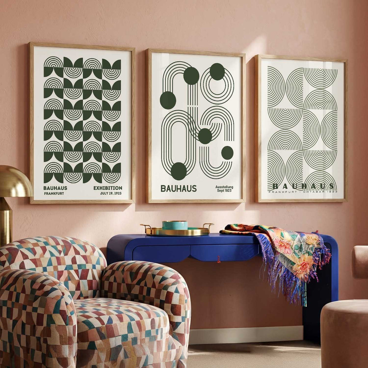 Bauhaus Geometric Boho Wall Art Set of 3 Framed Prints