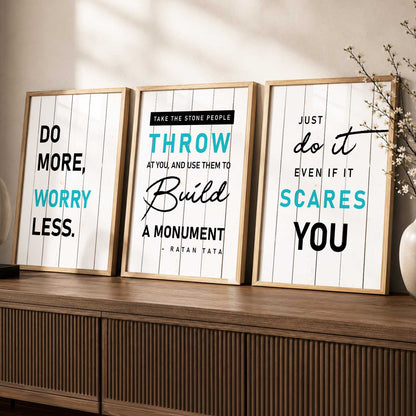 Modern Typography Motivational Quotes Wall Art Set of 3 Framed Prints for Gym Room