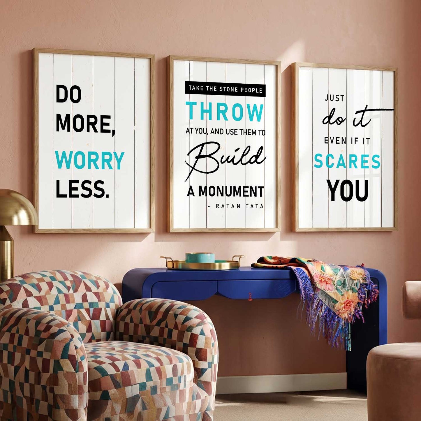 Modern Typography Motivational Quotes Wall Art Set of 3 Framed Prints for Gym Room