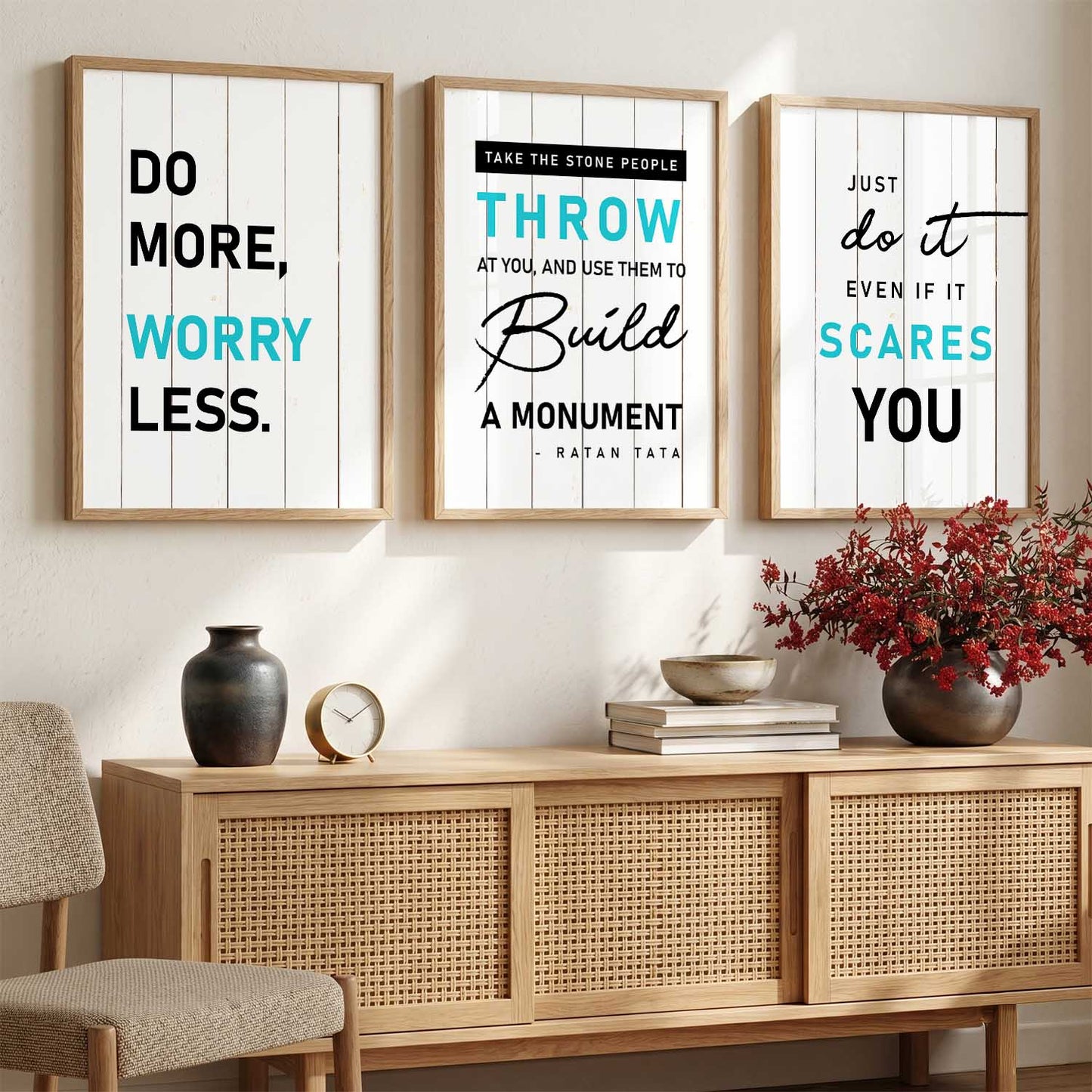 Modern Typography Motivational Quotes Wall Art Set of 3 Framed Prints for Gym Room