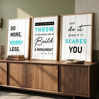 Modern Typography Motivational Quotes Wall Art Set of 3 Framed Prints for Gym Room