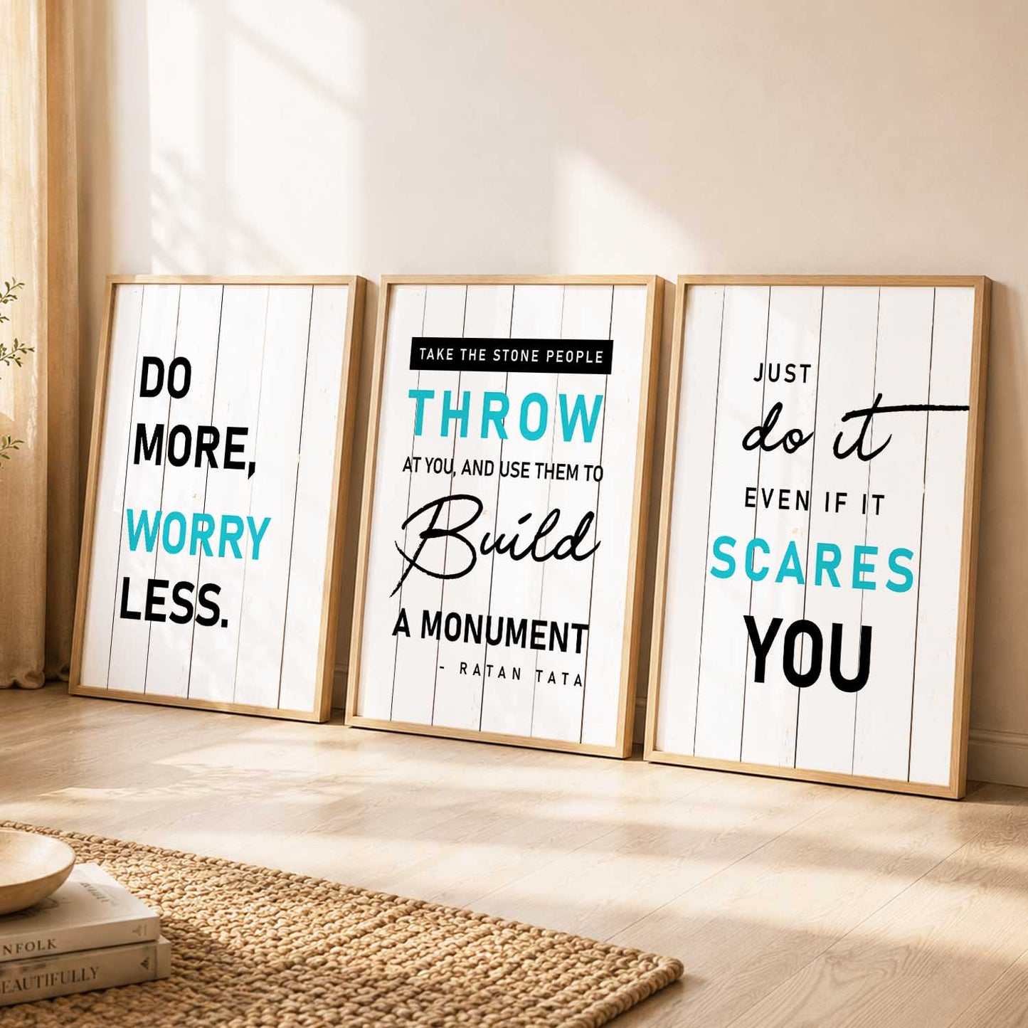 Modern Typography Motivational Quotes Wall Art Set of 3 Framed Prints for Gym Room