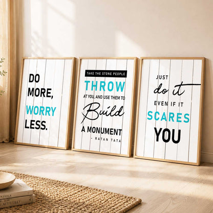 Modern Typography Motivational Quotes Wall Art Set of 3 Framed Prints for Gym Room