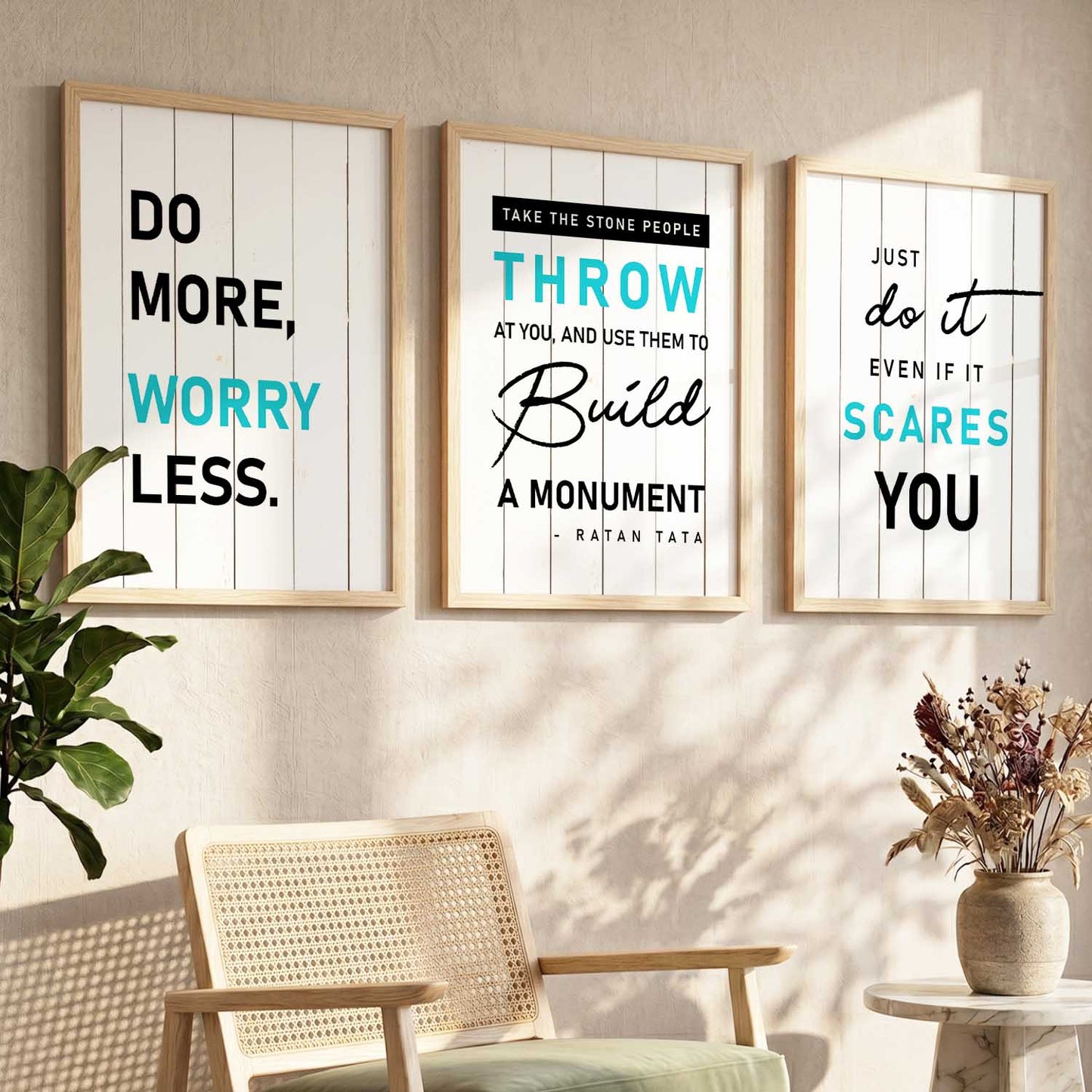 Modern Typography Motivational Quotes Wall Art Set of 3 Framed Prints for Gym Room