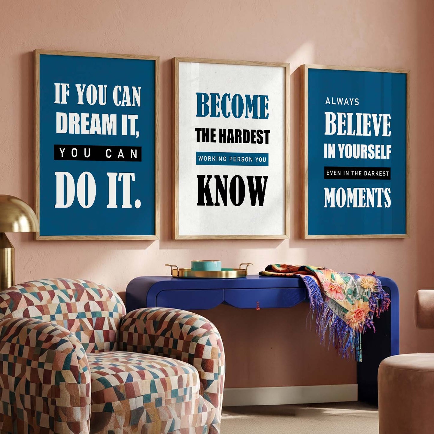 Motivational Quotes Wall Art Set of 3 Framed Prints for Studio