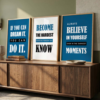 Motivational Quotes Wall Art Set of 3 Framed Prints for Studio