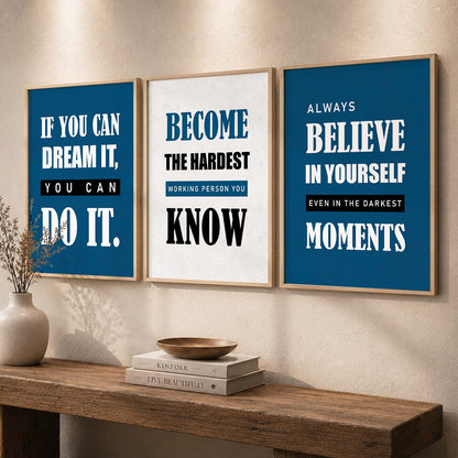 Motivational Quotes Wall Art Set of 3 Framed Prints for Studio