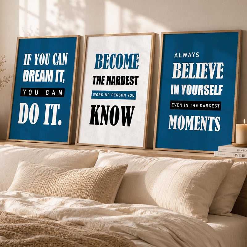 Motivational Quotes Wall Art Set of 3 Framed Prints for Studio