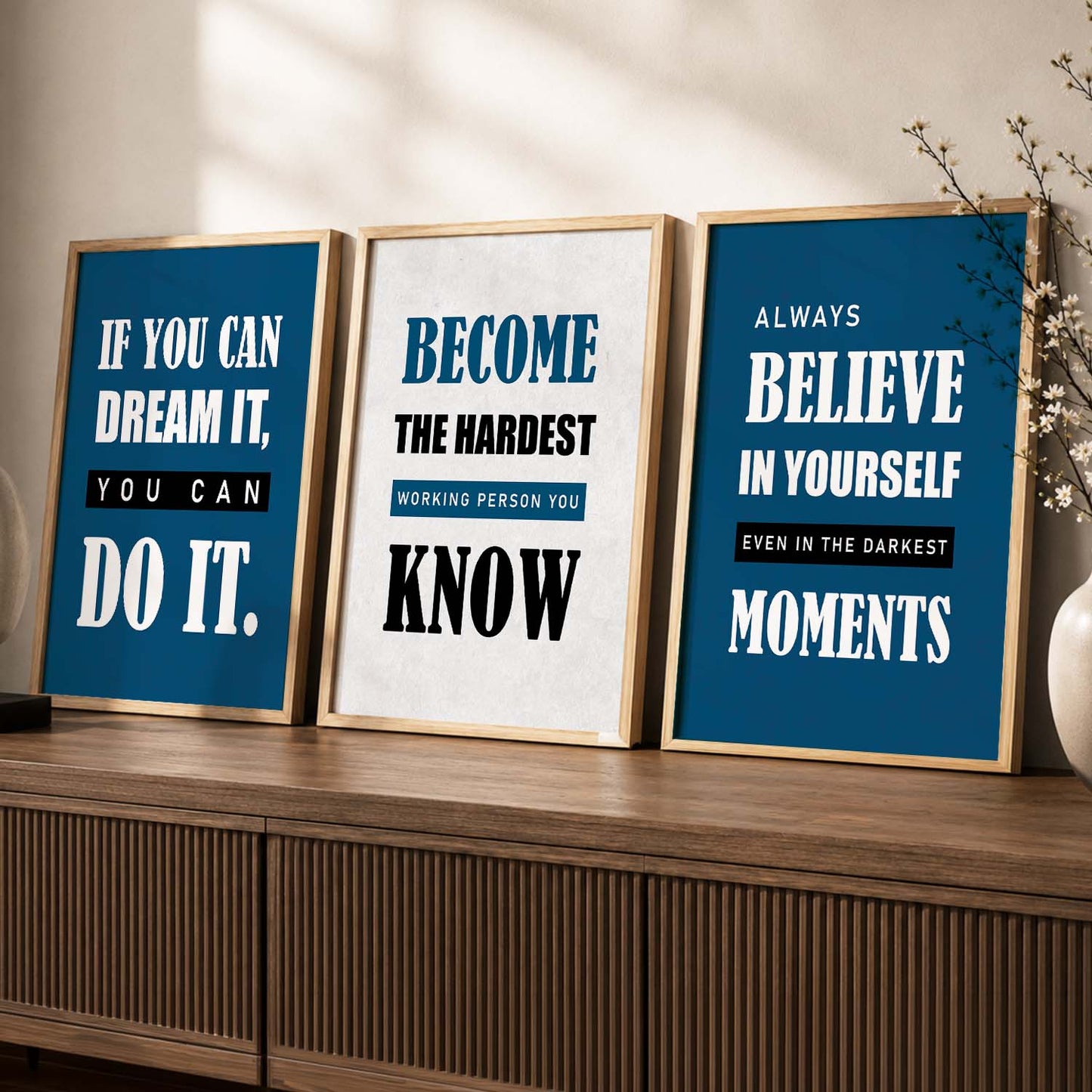 Motivational Quotes Wall Art Set of 3 Framed Prints for Studio
