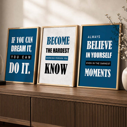 Motivational Quotes Wall Art Set of 3 Framed Prints for Studio